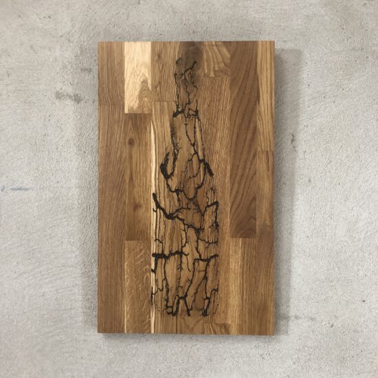 Tableau CHAMPAGNE – Technique n°5 : Electrolyse sur chêne en forme de bouteille de champagne