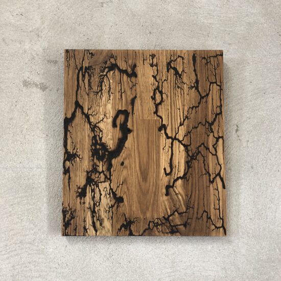 Tableau CHAMPAGNE – Technique n°6 : Electrolyse sur chêne en forme de bouteille de champagne